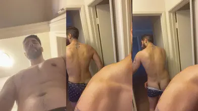 Rudy Ayoub – Vue de face et de dos en sous-vêtement bleu montrant son corps musclé