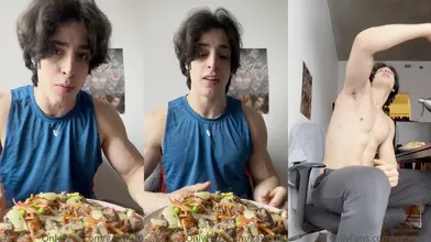 Je mange mon repas puis je soulève mon maillot pour montrer mes abdos